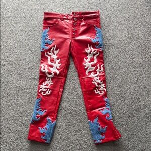 RGB Red Flame-Embroidered leather pants